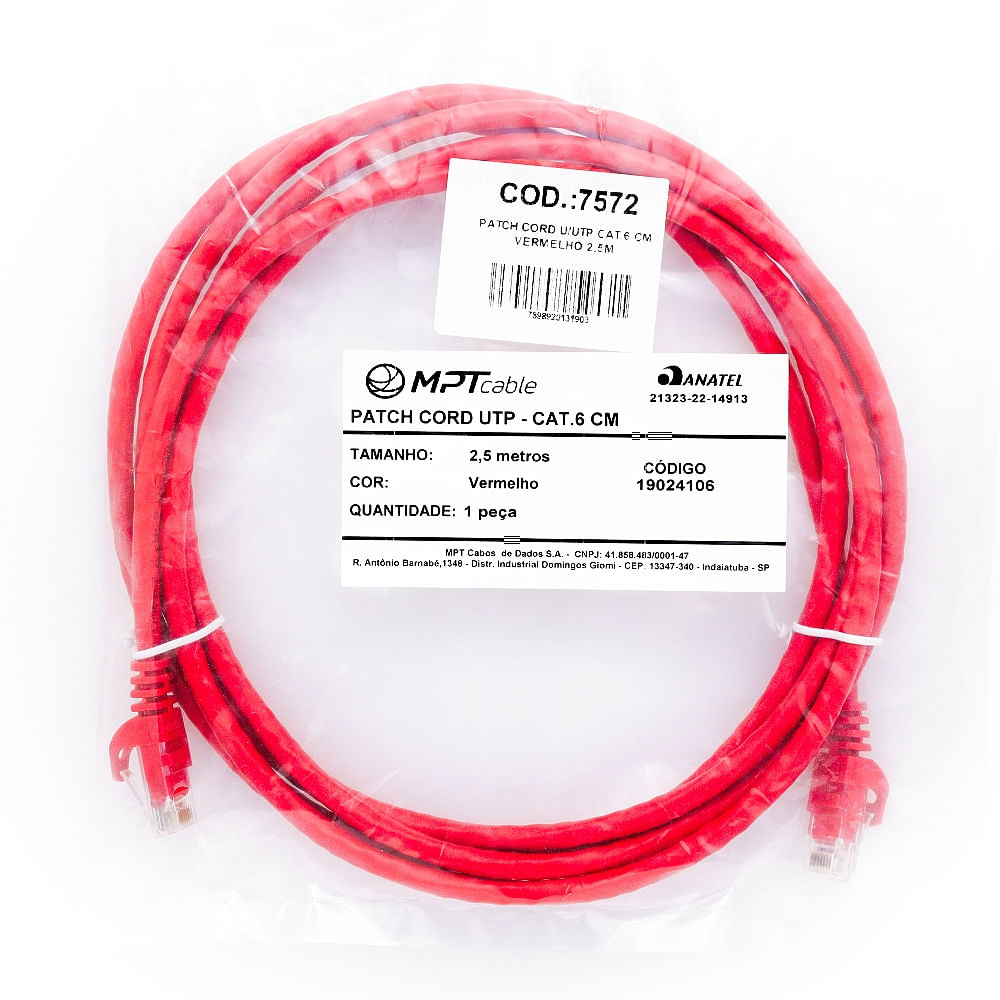 PATCH-CORD-U-UTP-CAT6-CM-VERMELHO-25M-MPT-7572 PATCH-CORD-U-UTP-CAT6-CM-VERMELHO-25M-MPT-7572